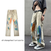 Men Jeans Washed Jeans Ripped Tie-Dye Pants Men Straight-Leg Pants